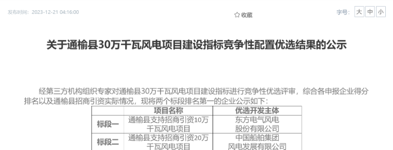 中船風電、東方風電獲風電項目競配指標